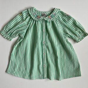 Bonton Girl’s Green & White Striped Embroidered Blouse - Size 6